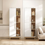 Meuble de Salle de Bain, Meuble de Rangement, 2 Portes, 4 Compartiments Ouverts et Étagères Réglables, Blanc et Naturel