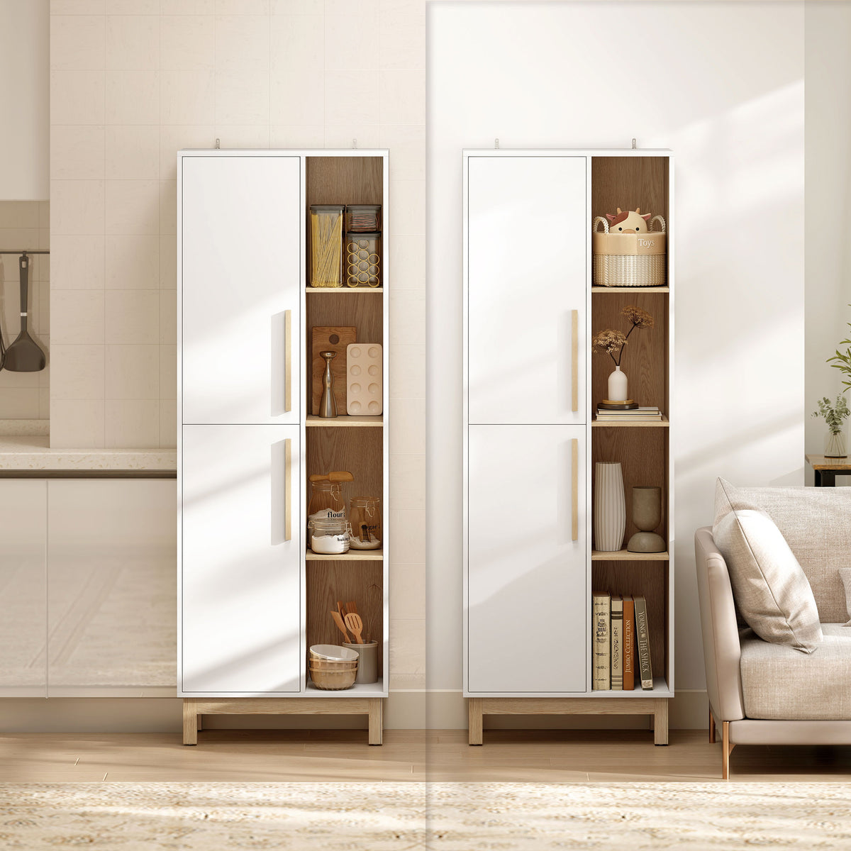 Meuble de Salle de Bain, Meuble de Rangement, 2 Portes, 4 Compartiments Ouverts et Étagères Réglables, Blanc et Naturel