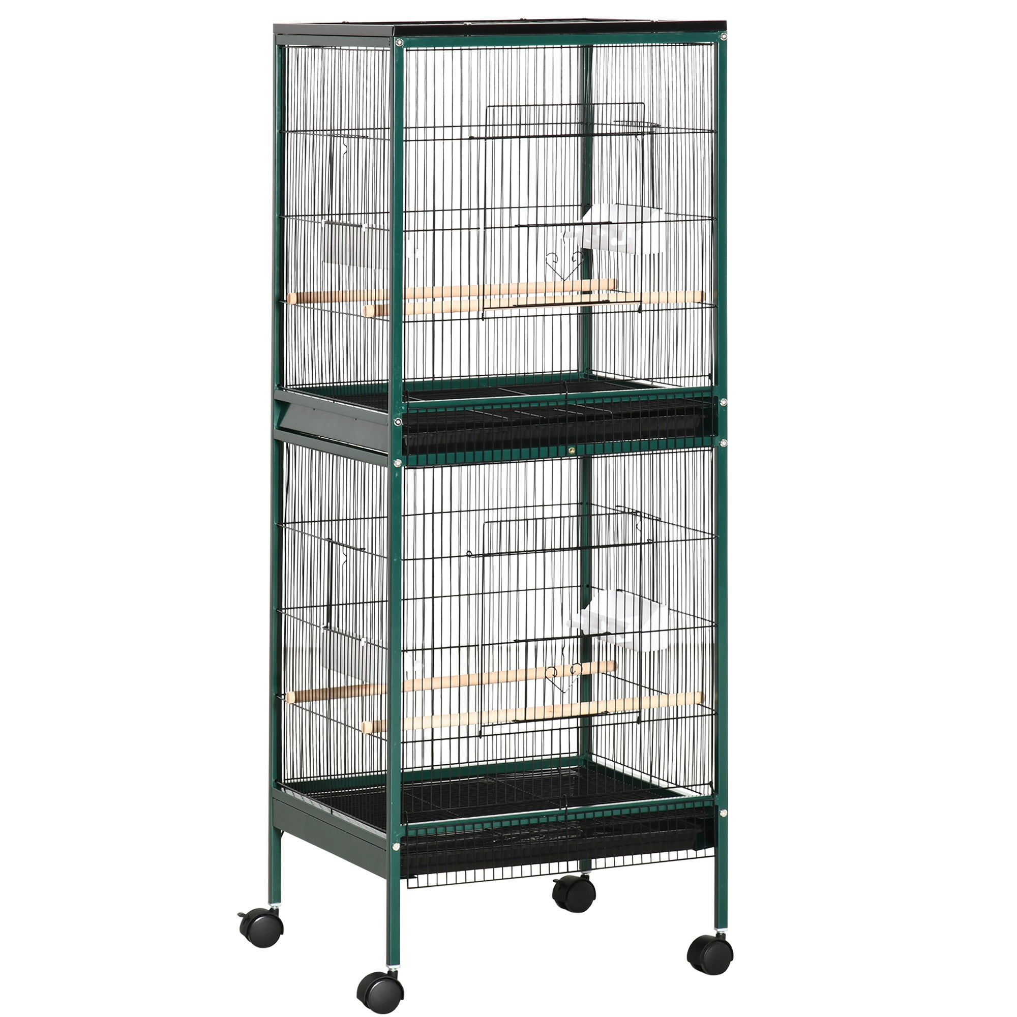 Grande Cage à Oiseaux sur pied double avec mangeoires perchoirs plateau amovible roulettes - Dim. 51,5L x 50l x 140H cm