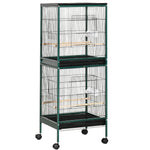 Grote dubbele vogelkooi op standaard met voerbakken, zitstokken, uitneembare lade en wieltjes - Afm. 51,5L x 50B x 140H cm