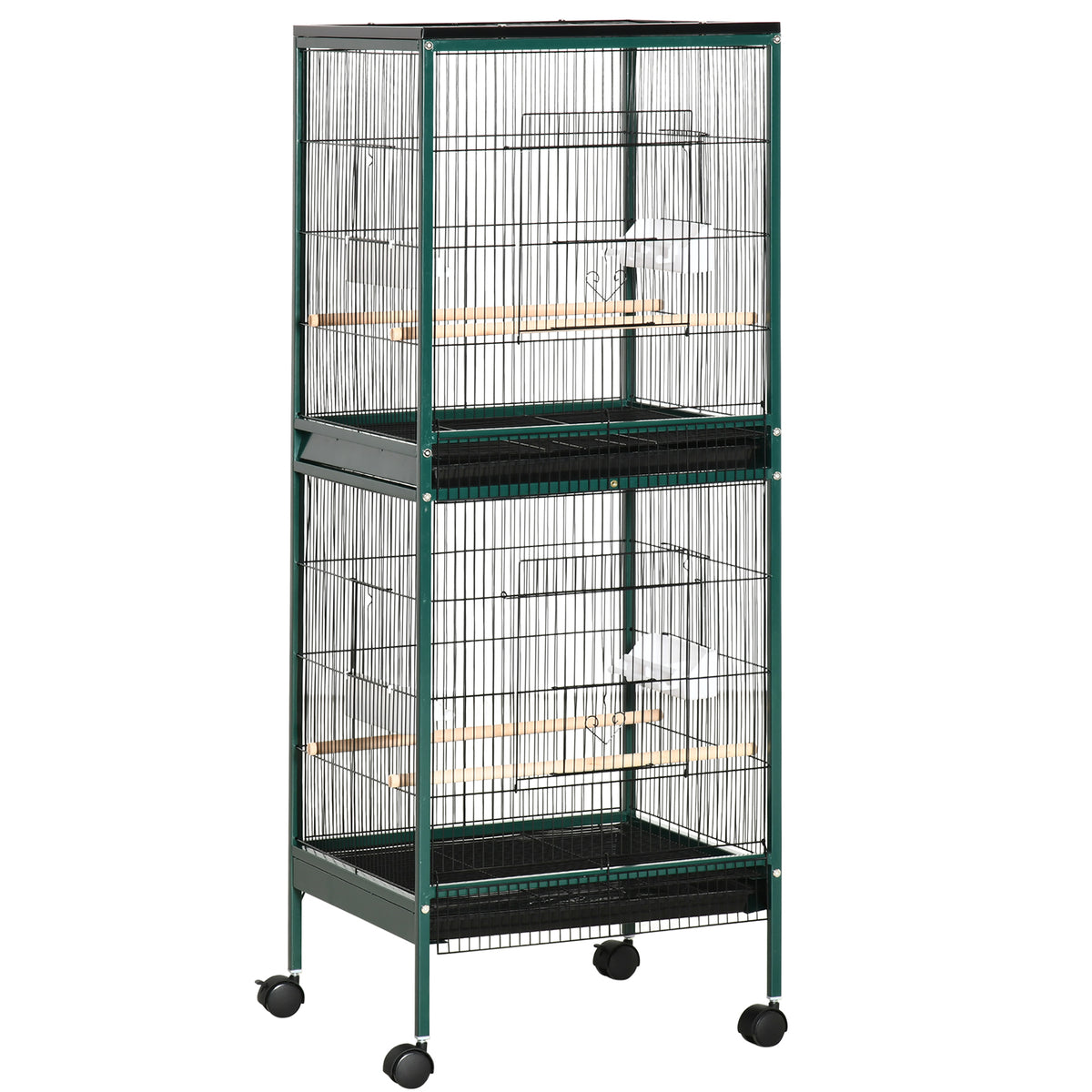 Grote dubbele vogelkooi op standaard met voerbakken, zitstokken, uitneembare lade en wieltjes - Afm. 51,5L x 50B x 140H cm