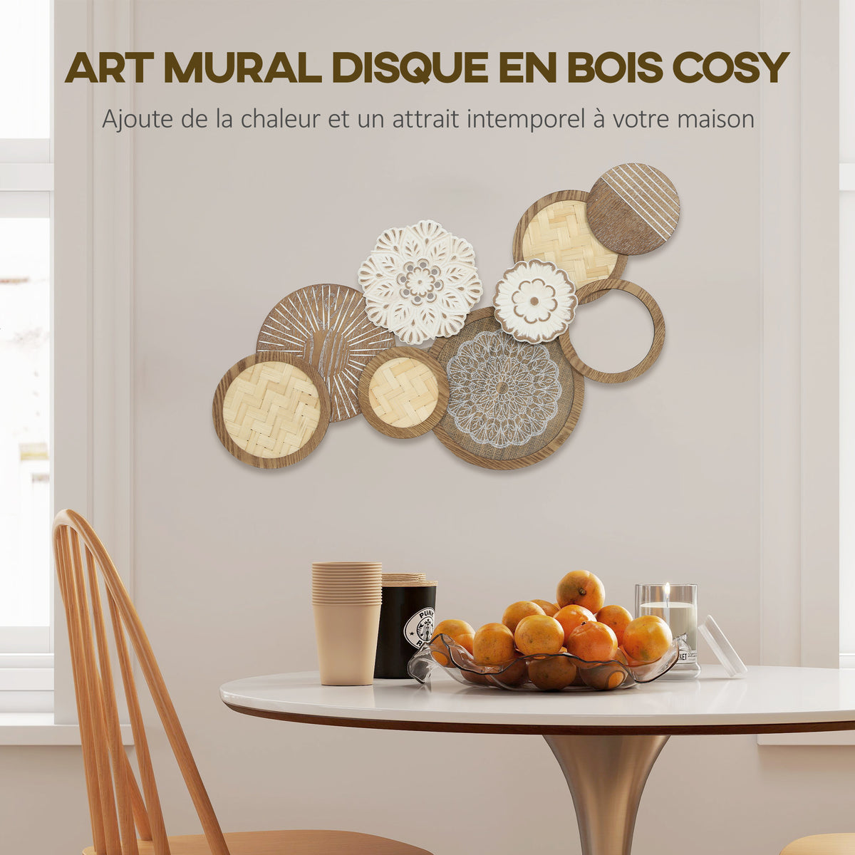 Décoration murale en bois, sculpture murale en bois, design unique à plusieurs disques, 83,8 x 44,5 cm, bois naturel