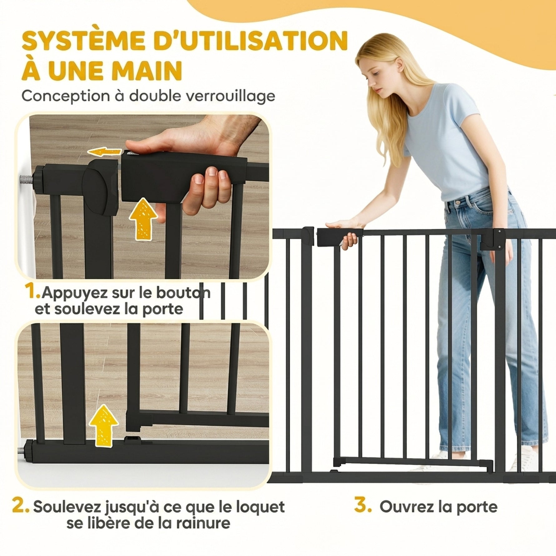 Barrière de sécurité pour chiens et bébés 76 à 130 cm avec extension fixation par pression sans perçage blanc