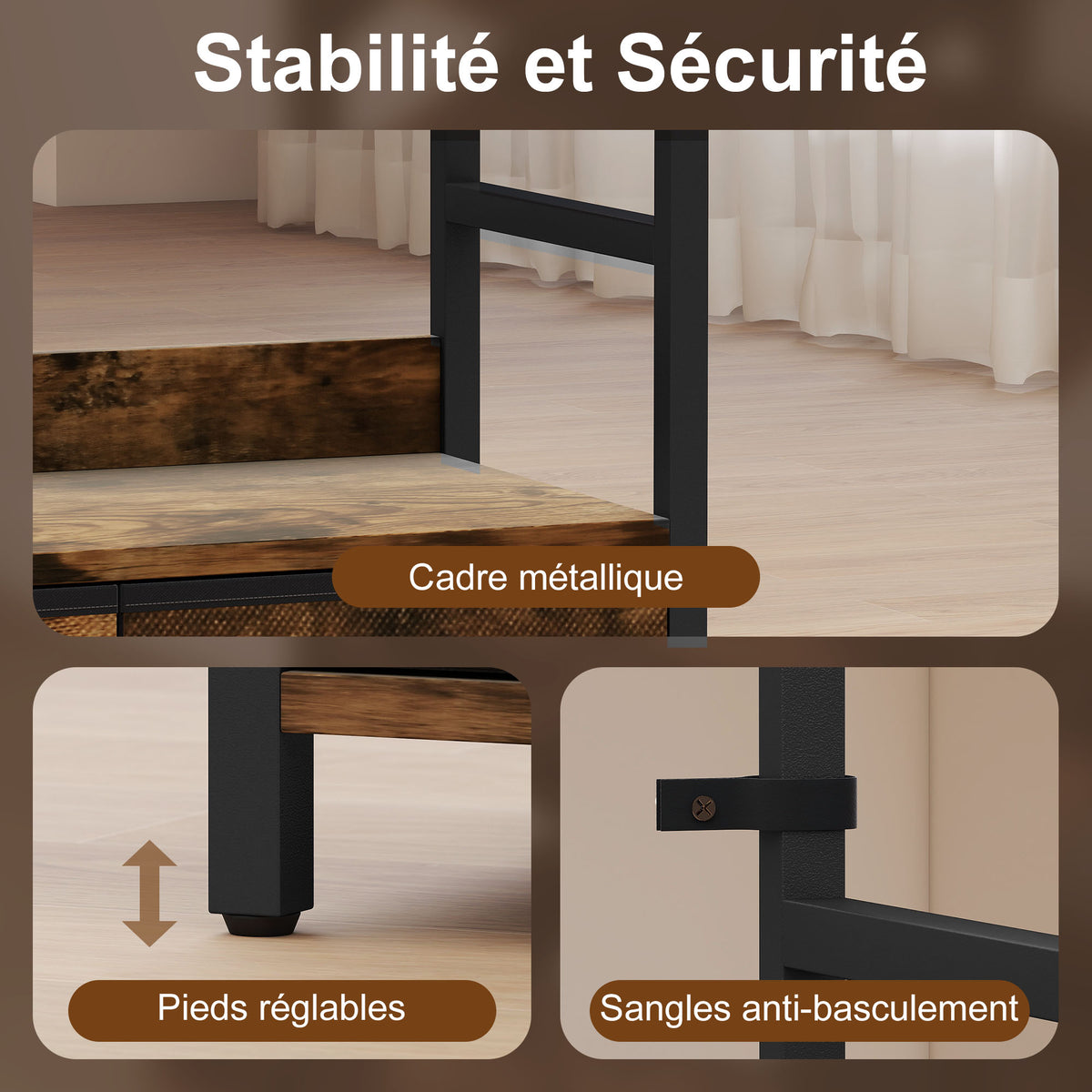 Bibliothèque étagère de rangement à 6 niveaux avec 4 étagères, 3 tiroirs en tissu, 60x30x176cm, brun rustique