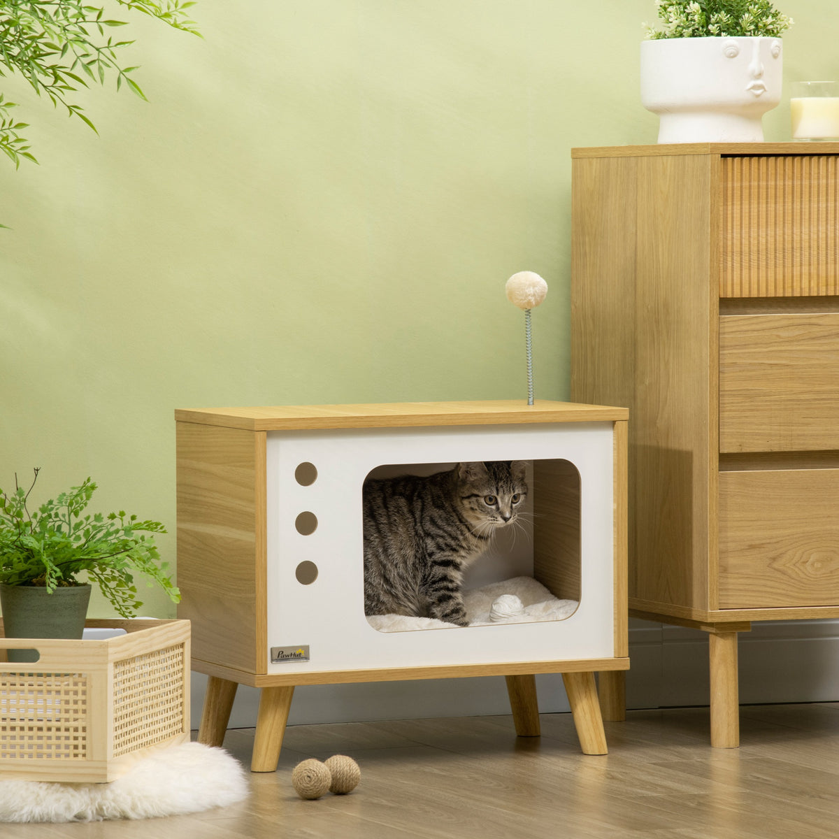 Kattenhuisje in tv-vorm met zacht kussen en stuiterbal - 50 x 28 x 43 cm