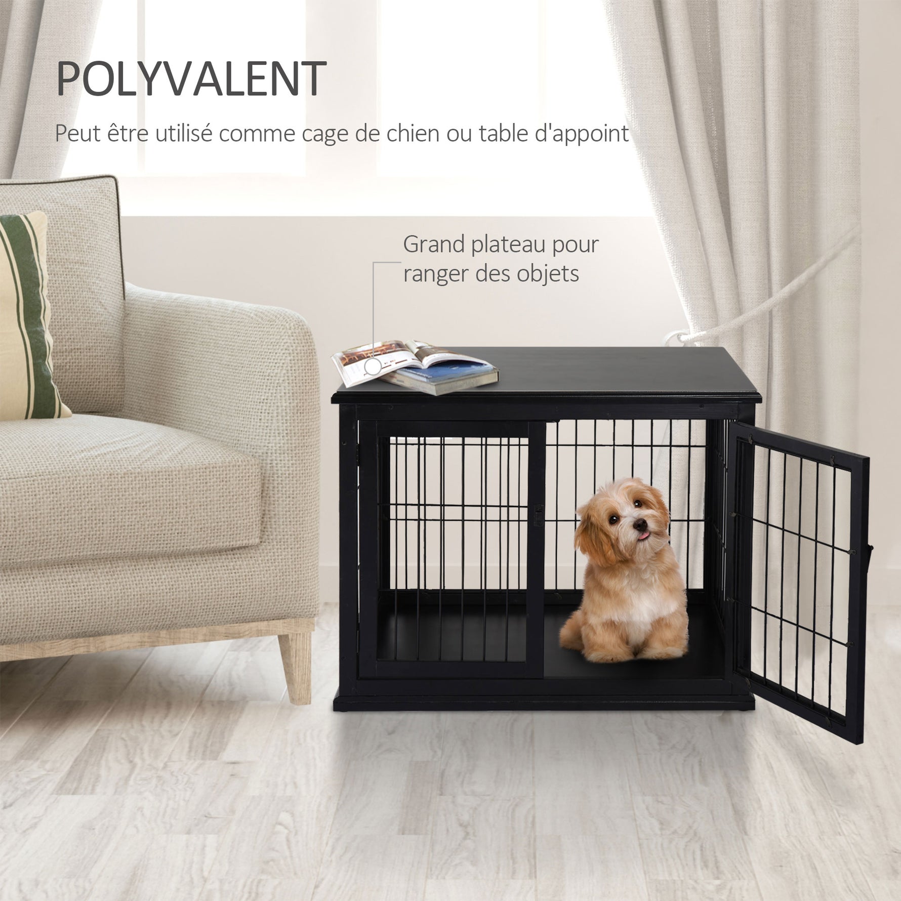 Cage pour chien animaux meuble cage chien intérieur en bois MDF classe E1 3 portes verrouillables max. 30 Kg dim. 81L x 58l x 66H cm noir