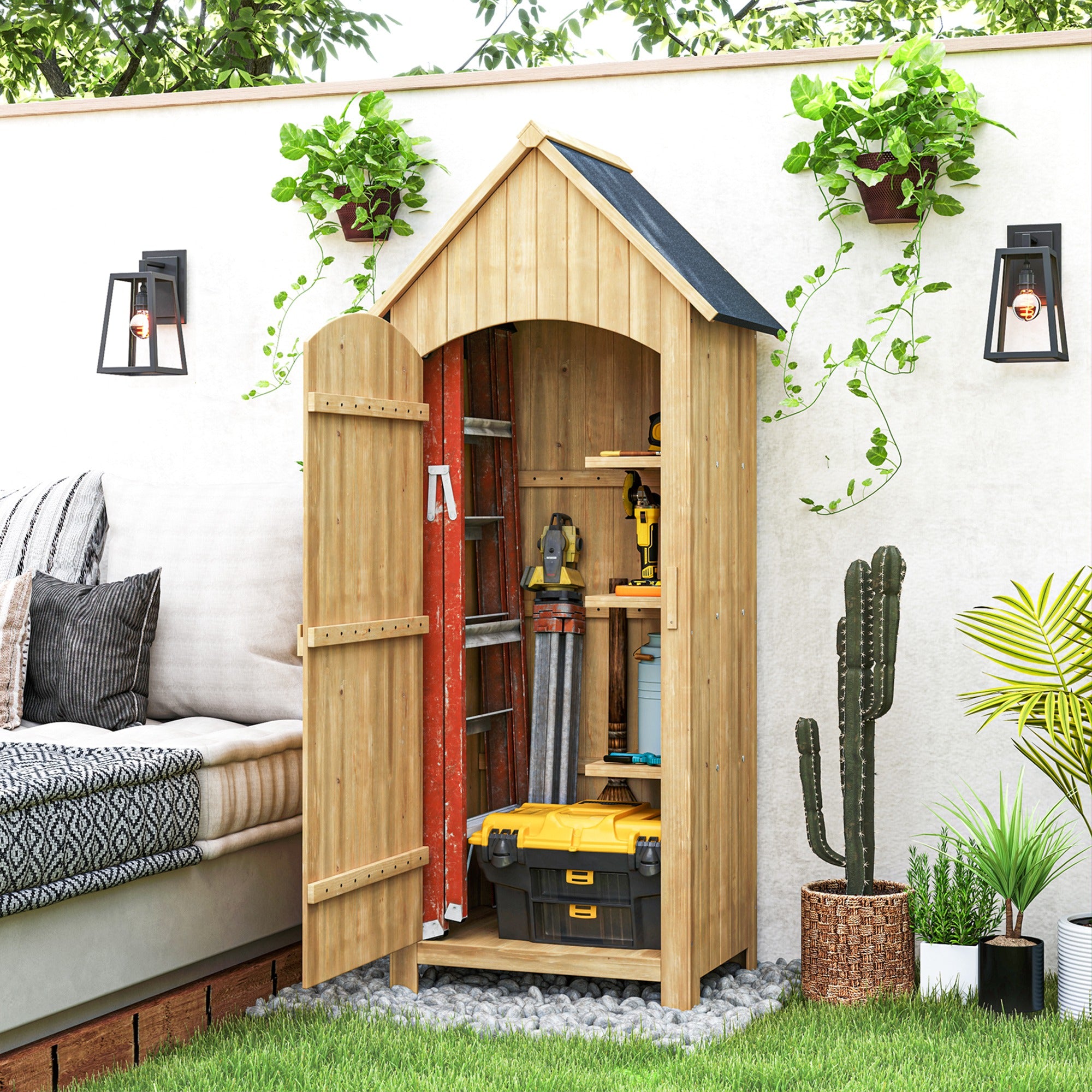 Abri de jardin en bois cabane de jardin exterieur armoire de jardin avec toit bitumé 3 étagères porte avec loquet rangement et stockage extérieurs pour terrasse 77,5 x 54,2 x 179,5 cm naturel
