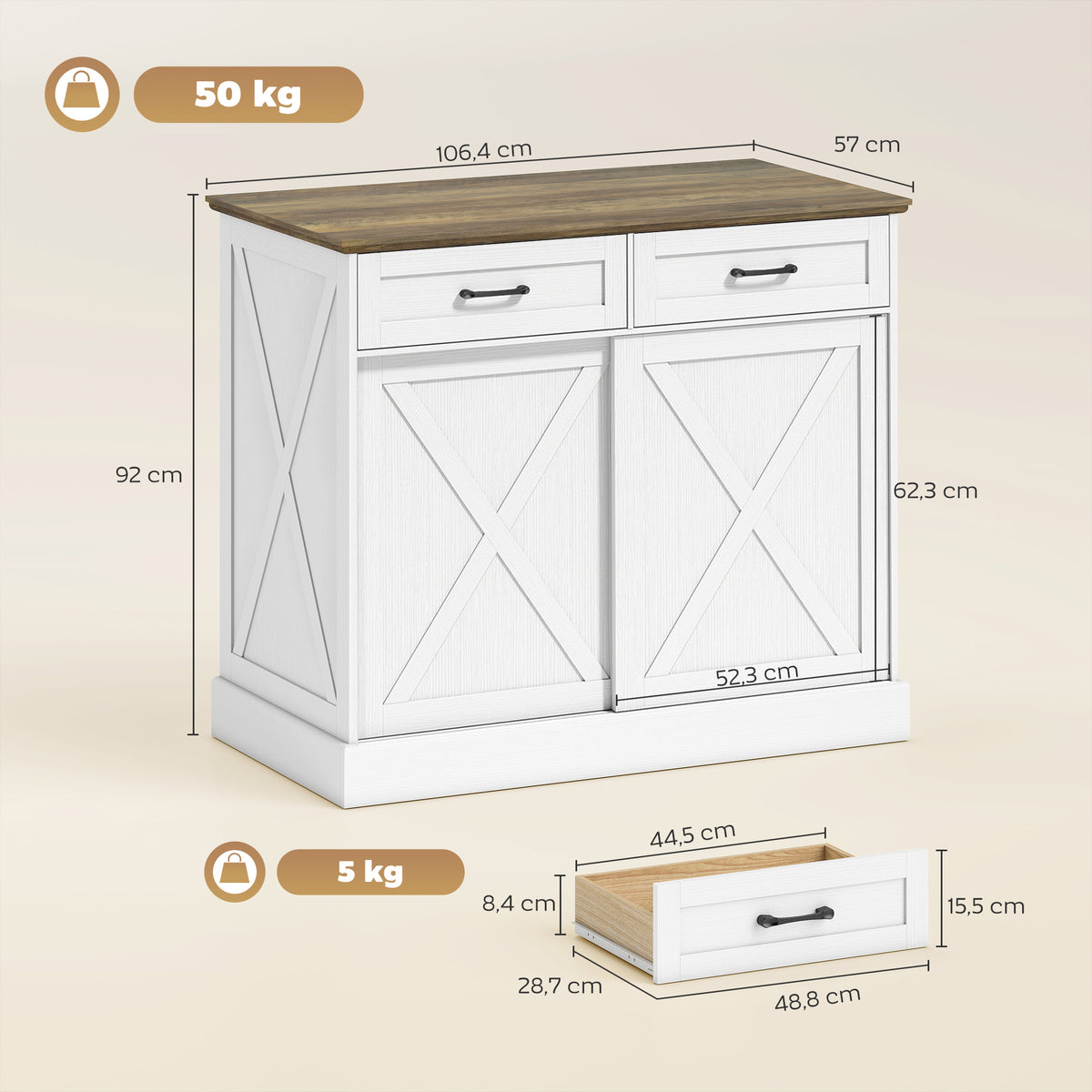 Îlot central cuisine, buffet cuisine, meuble de rangement avec 2 tiroirs 2 portes coulissantes, étagère réglable, blanc
