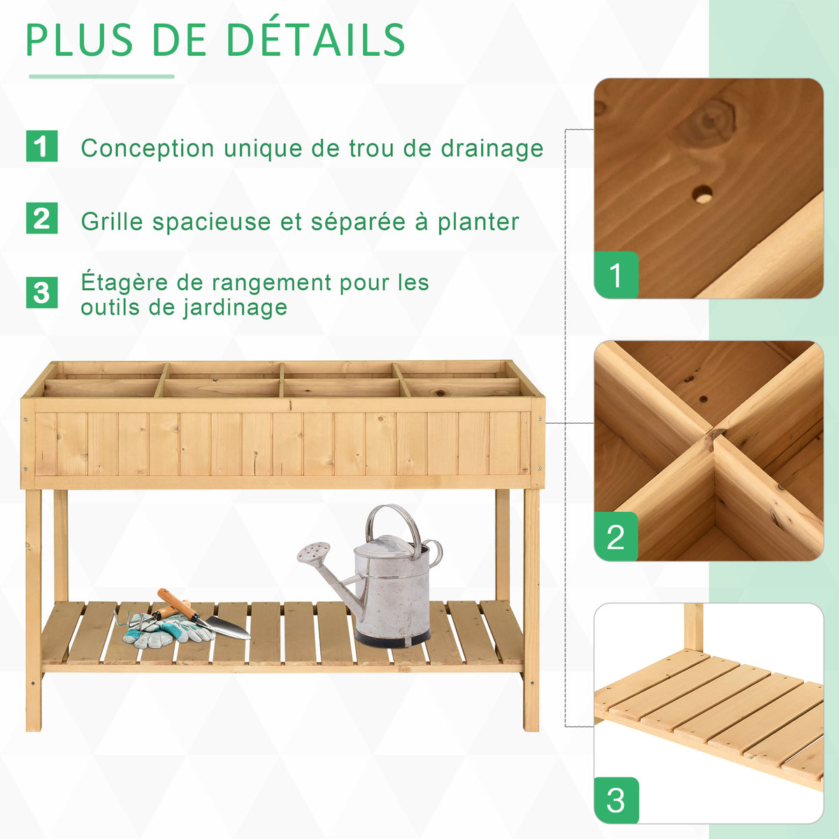 Jardinière sur Pieds carré Potager avec étagère 110L x 46l x 76H cm 8 Compartiments & Inserts d'irrigation