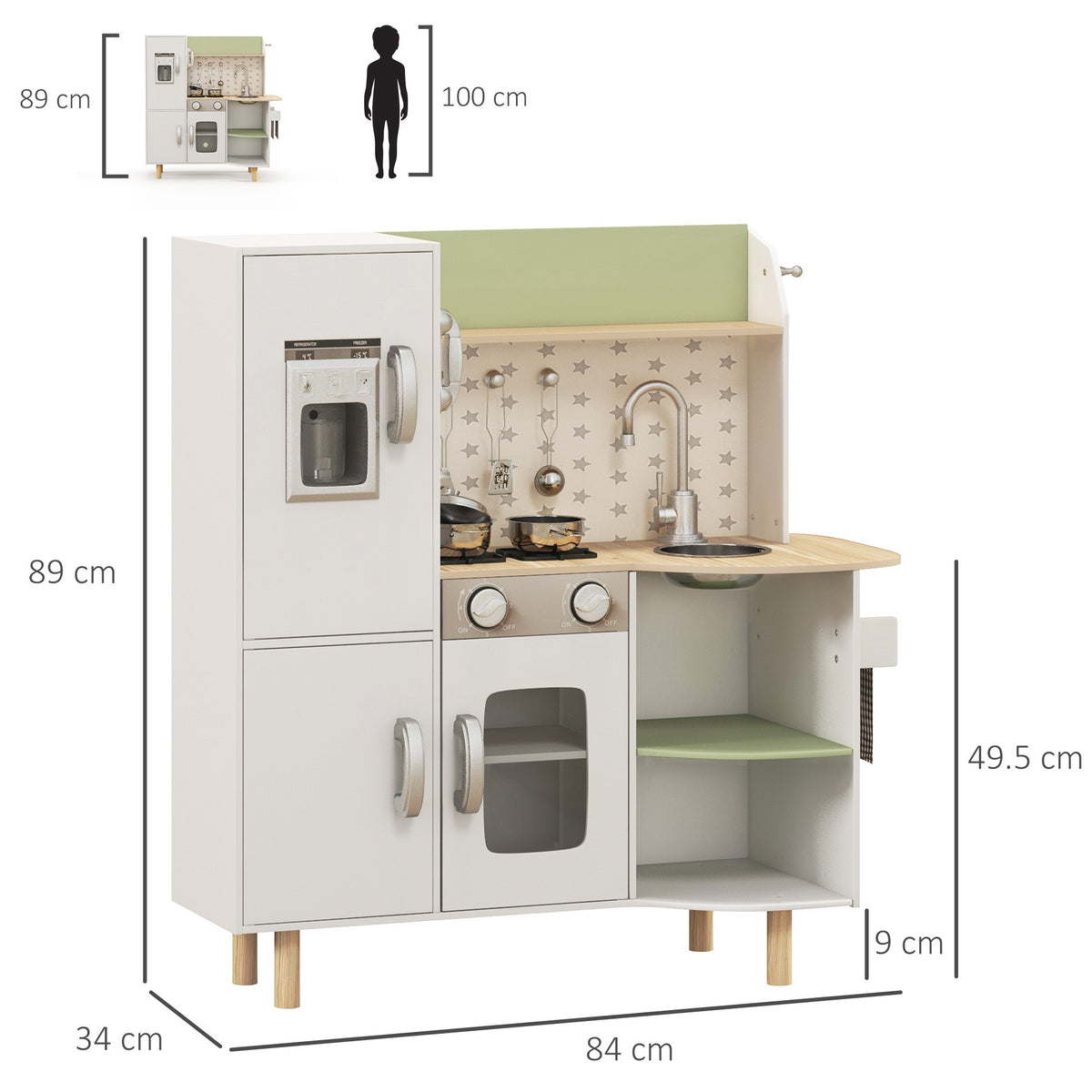 Cuisine enfant 3-8 ans jeu d'imitation avec machine à glaçons, évier mobile en acier inoxydable 84 x 34 x 89 cm blanc