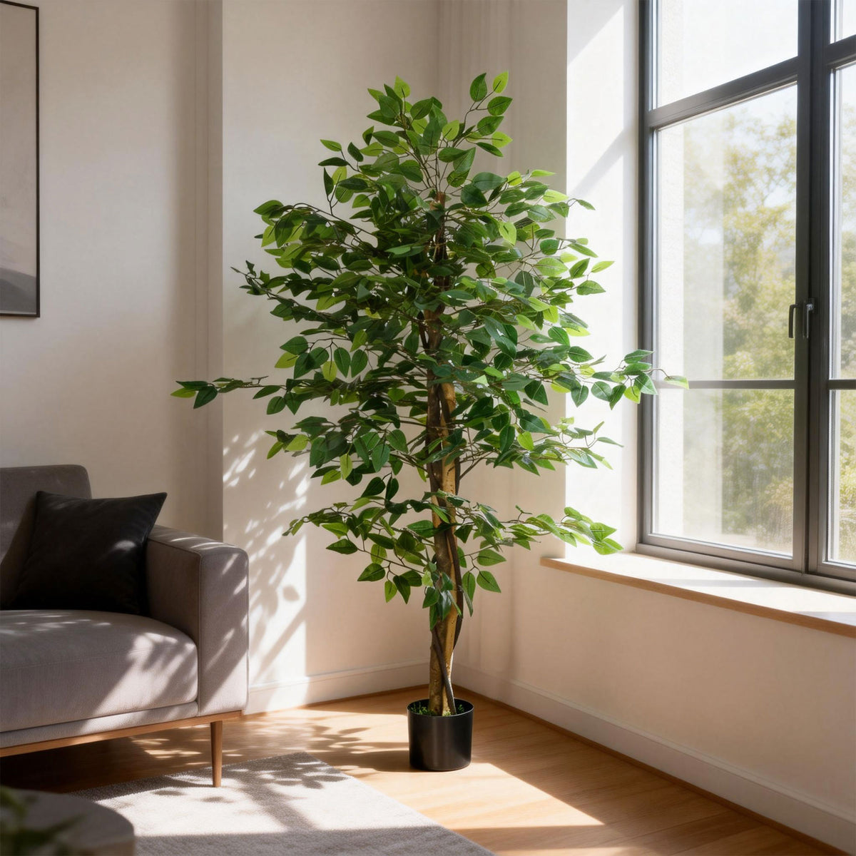 Plante artificielle ficus hauteur 1,50 m tronc branches liane lichen feuilles grand réalisme pot inclus vert