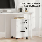 Caisson bureau mobile à 2 tiroirs, meuble rangement bureau sur roulettes pour documents suspendus format lettre, blanc