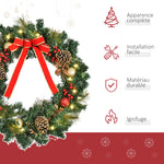 Couronne de Noël artificielle lumineuse avec 20 LED de 60 cm - décorée de houx et de pommes de pin