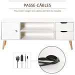 Meuble TV Banc TV Style scandinave Placard 2 niches 2 tiroirs Passe-Fils Panneaux Particules Blanc Bois pin