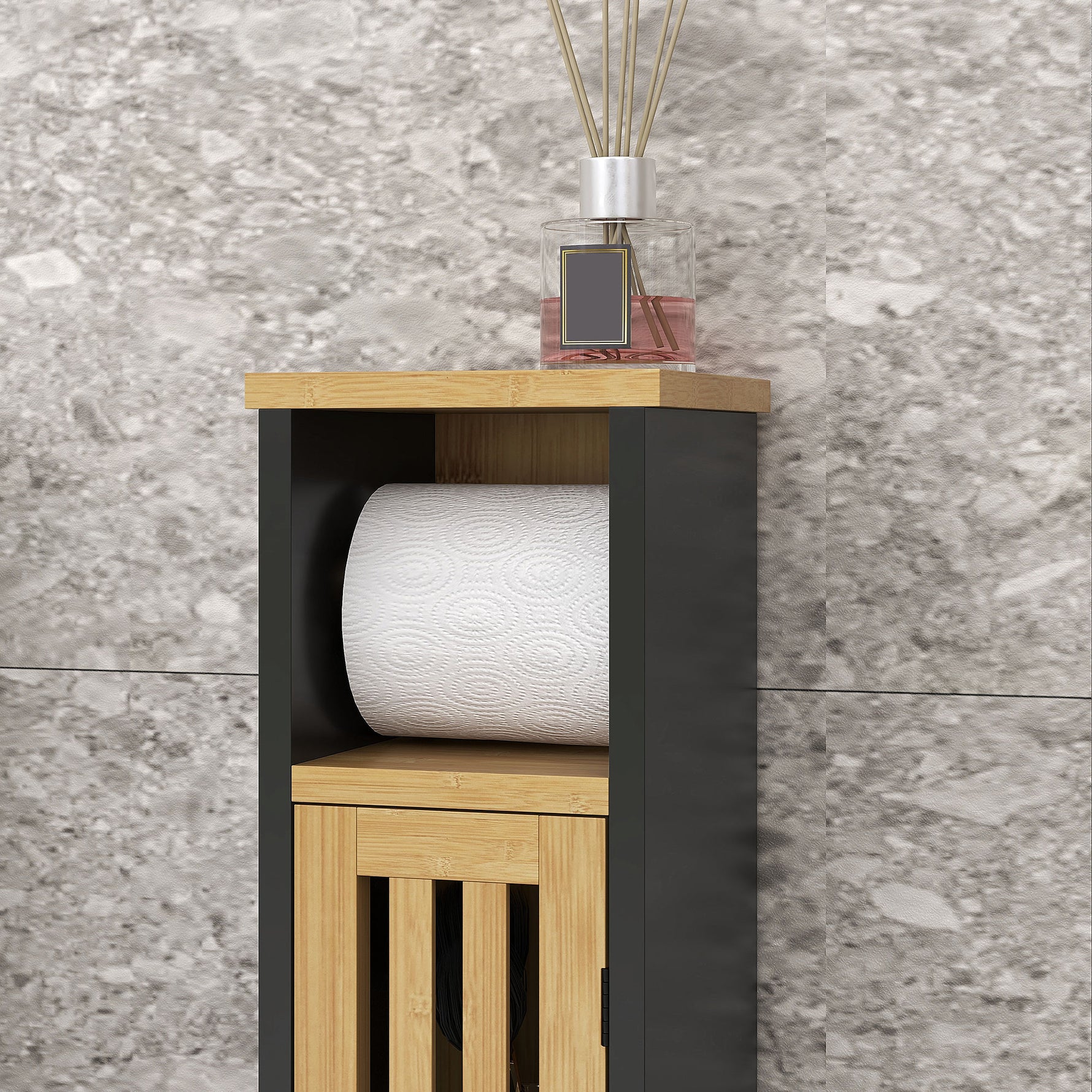 Meuble de salle de bain avec support papier toilette rangement avec barre amovible 2 Niveaux + Sortie Papier MDF Bambou