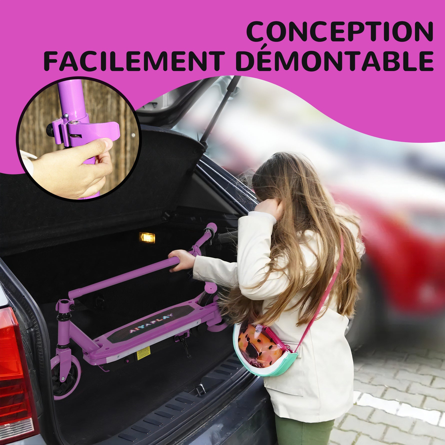Trottinette électrique pour enfants 6-14 ans, vitesse maximale 10 km/h, lumières LED colorées, frein électrique, violet