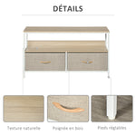 Meuble TV Bas sur Pieds Style Industriel 2 tiroirs en Tissu Gris Bois Naturel et métal Blanc