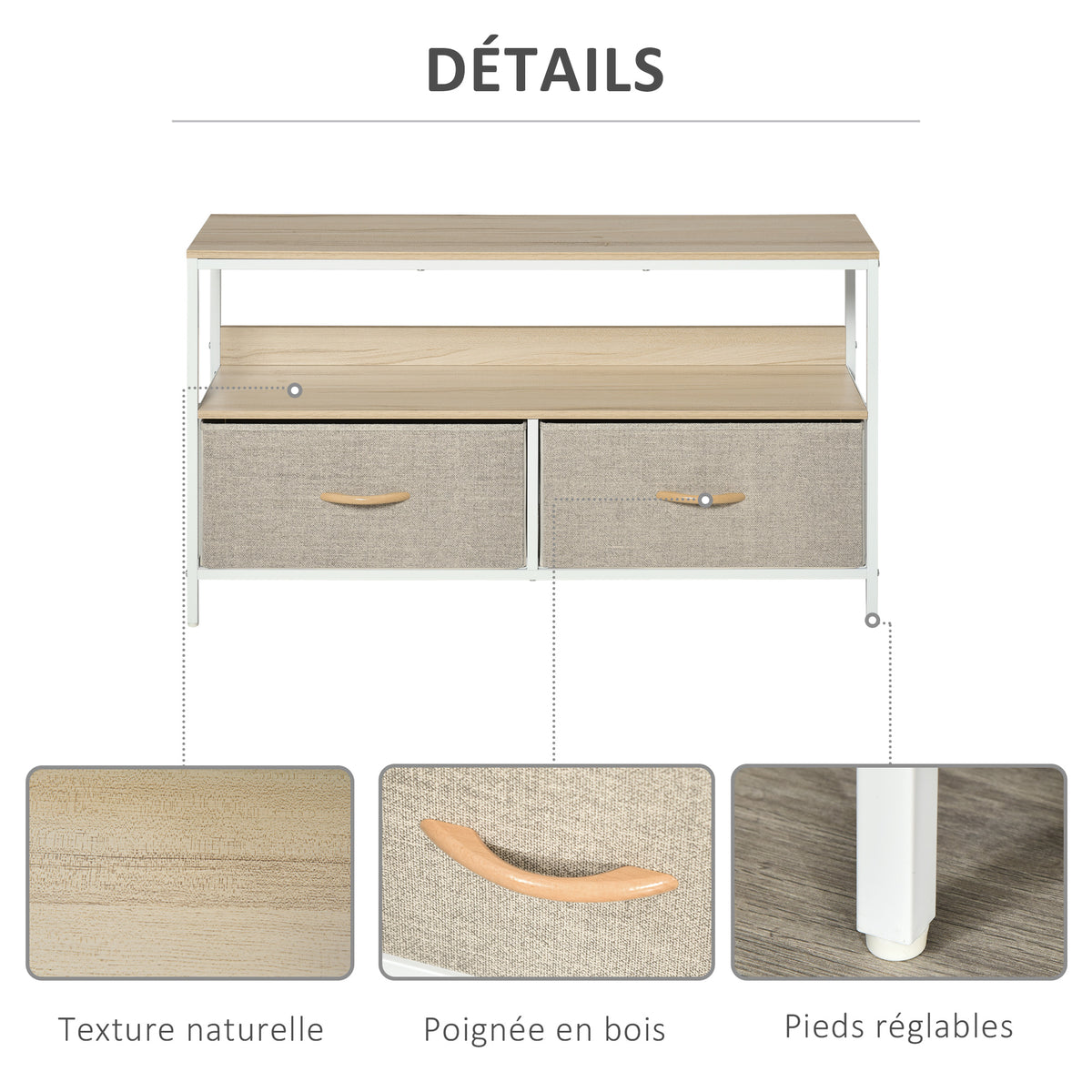 Meuble TV Bas sur Pieds Style Industriel 2 tiroirs en Tissu Gris Bois Naturel et métal Blanc