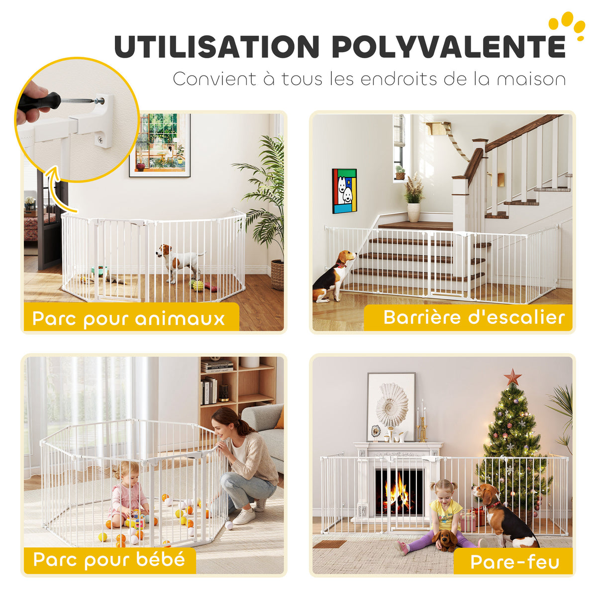 Barrière de sécurité en métal parc enclos pliable et modulable pour chien et enfant 6 panneaux 61 x 75 cm blanc