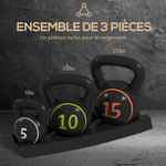 3er-Set Kettlebells, 2,2, 4,5 und 6,8 kg, rutschfester Griff für Fitness- und Sporttraining, inklusive schwarzem Ablageregal