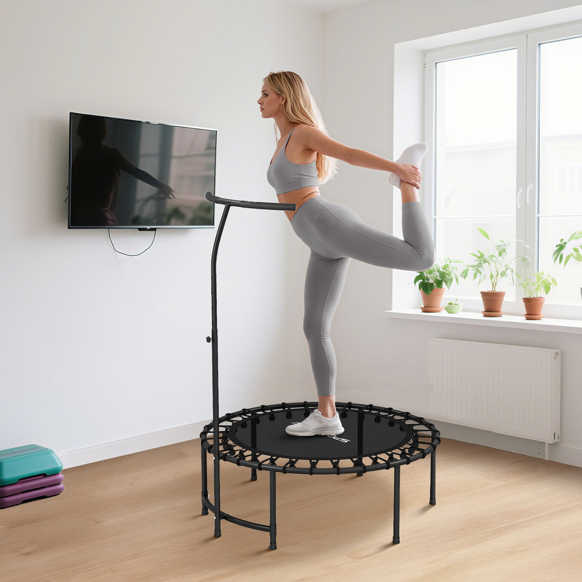 Fitness Trampoline with Elastic Cords, 5-Position Adjustable Handle, 100 kg Capacity, Steel, Ø102x132cm, Black