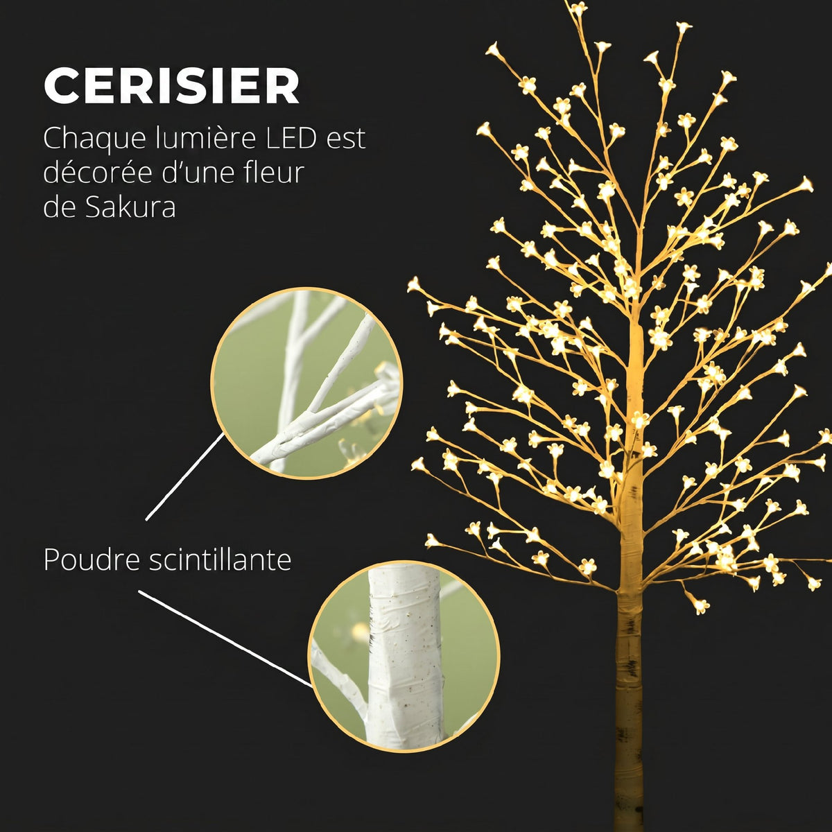 Albero luminoso a LED 180 cm 180 LED bianco caldo, albero artificiale di ciliegio in fiore, IP44, interno esterno, bianco