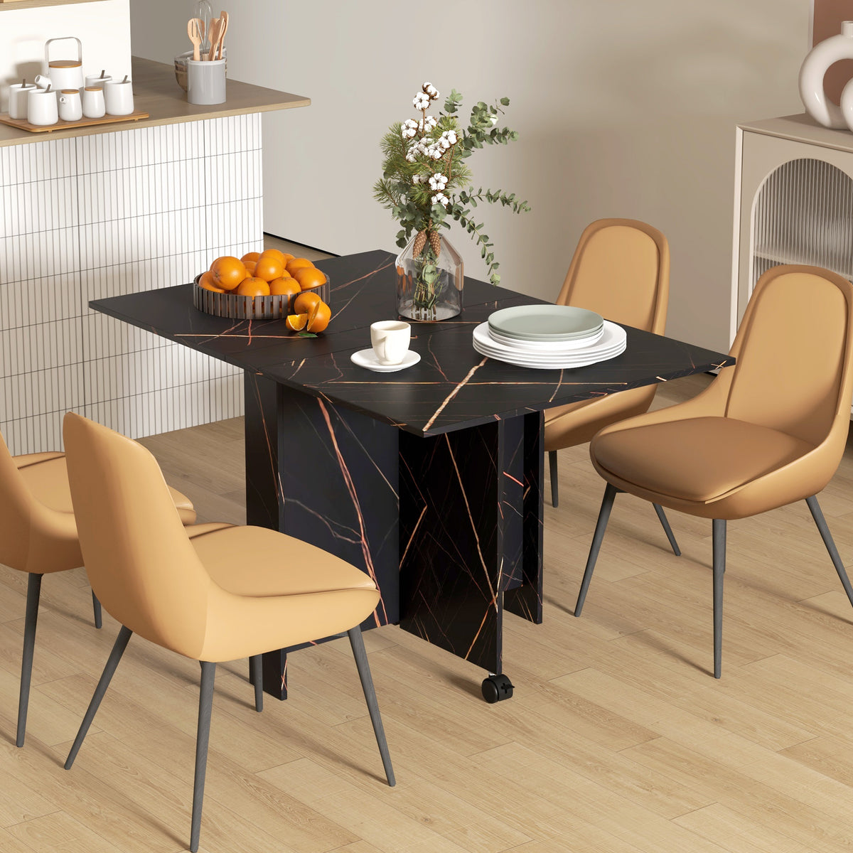 Tavolo pieghevole da cucina tavolo da pranzo pieghevole con 2 ribalte 2 ruote con freni 120 x 80 x 73 cm nero effetto marmo