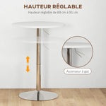Table de bar ronde table haute cuisine réglable en hauteur 69-91 cm plateau pivotante à 360° blanc et argenté