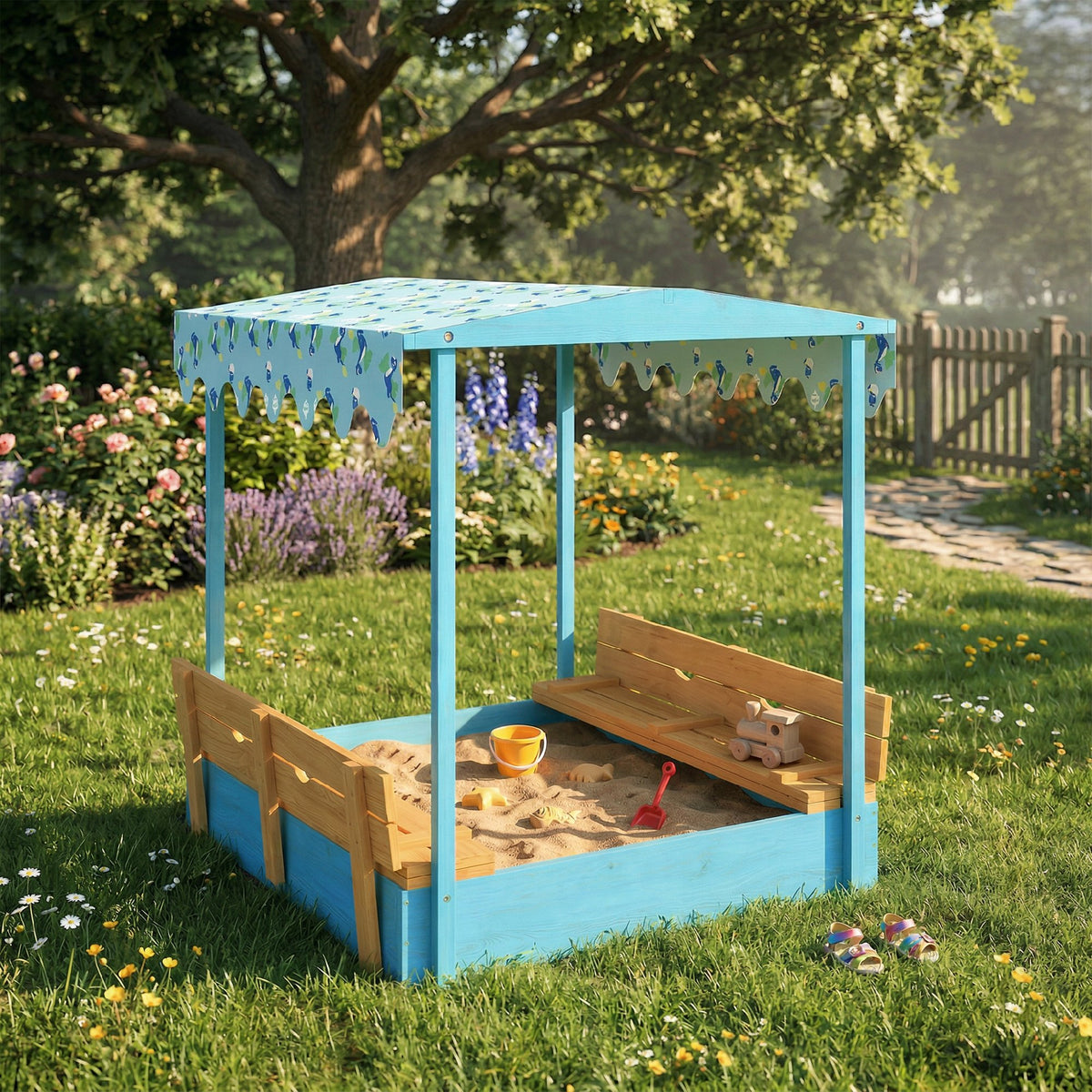 Sandkasten aus Holz mit Deckel, Outdoor-Sandkasten für Kinder mit klappbaren Sitzen und bedruckter Plane mit blauen Flamingos