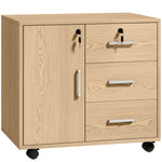 Caisson bureau meuble de rangement verrouillable avec 3 tiroirs et étagère réglable, roulettes, 40 x 60 x 56 cm, marron clair