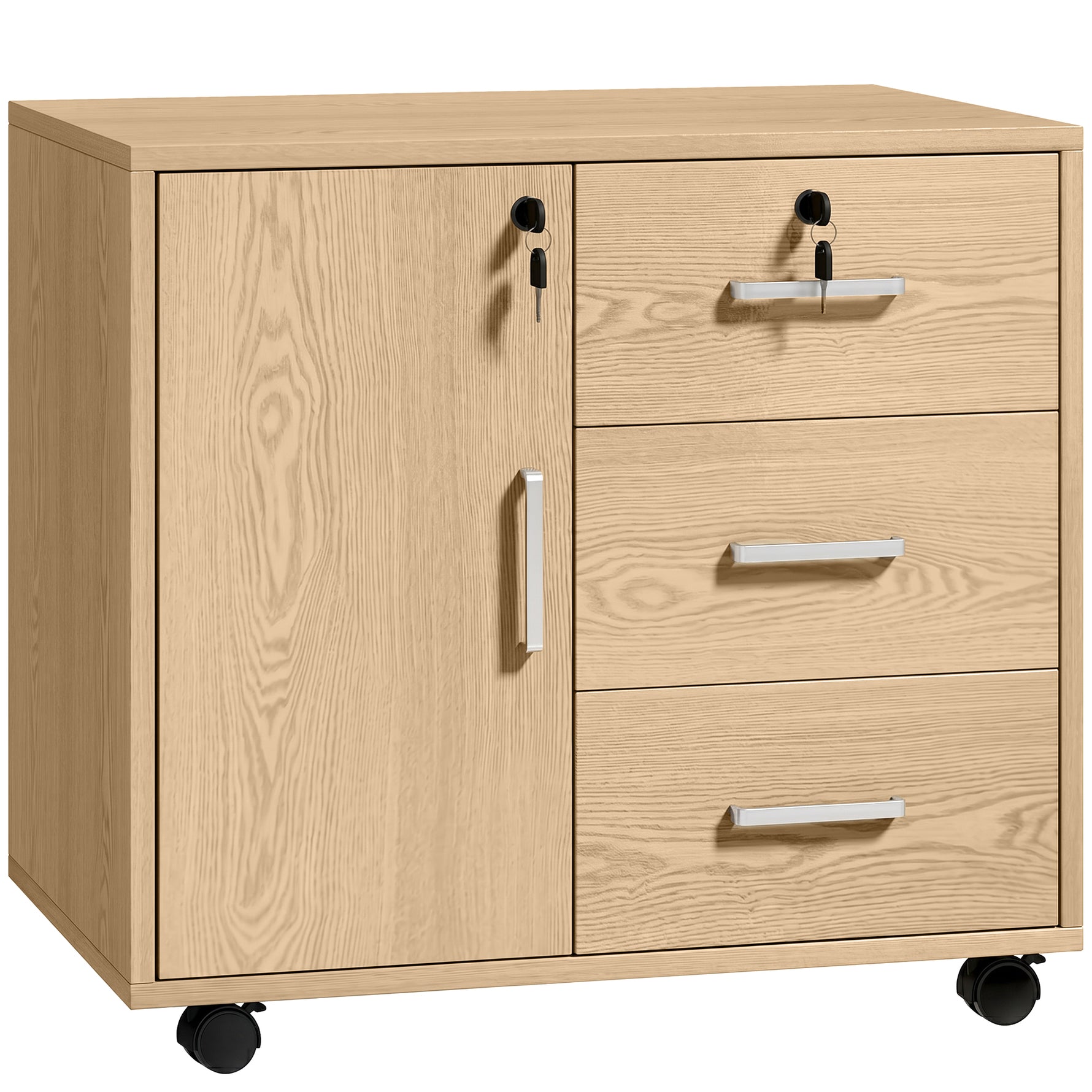 Caisson bureau meuble de rangement verrouillable avec 3 tiroirs et étagère réglable, roulettes, 40 x 60 x 56 cm, marron clair