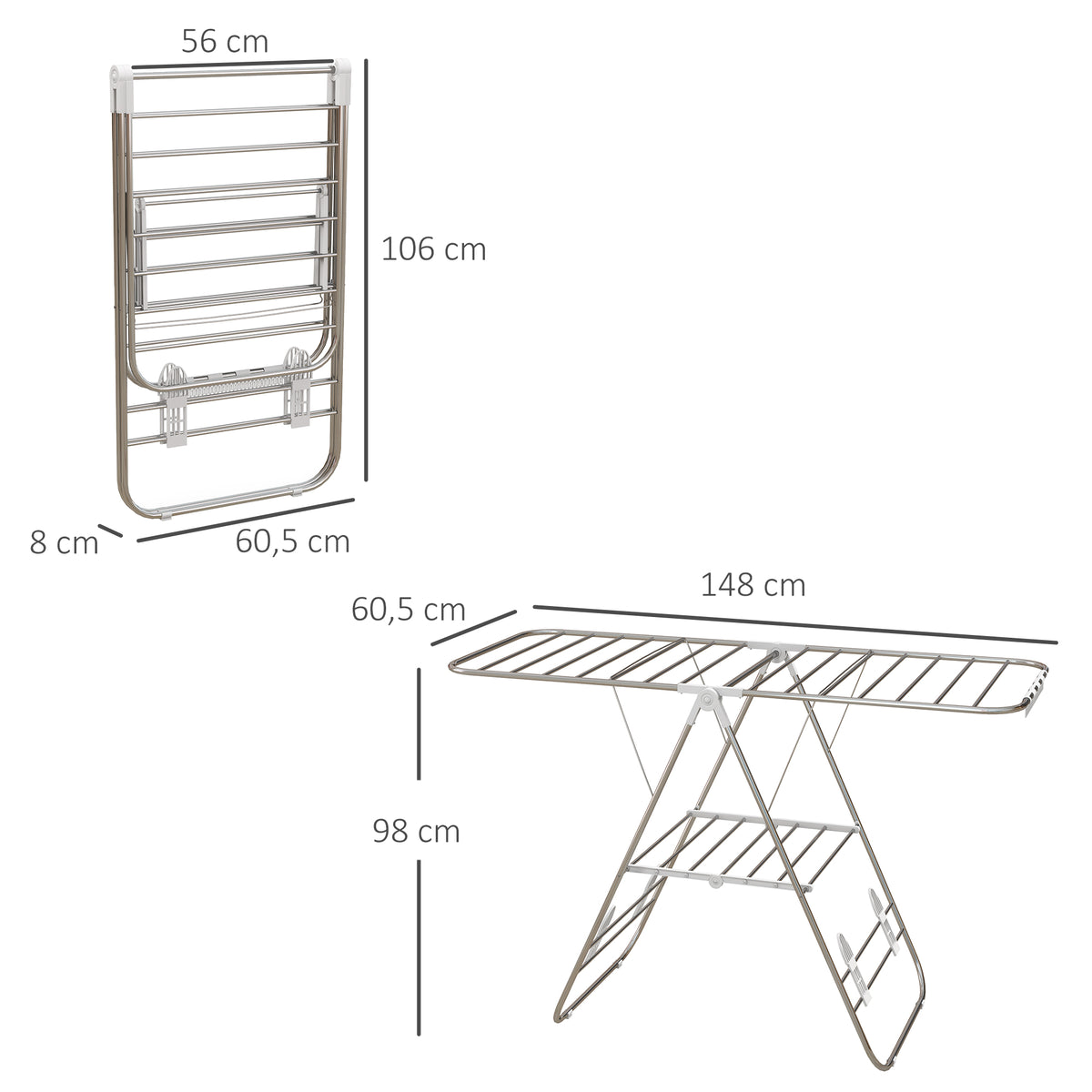 Séchoir à linge sur pieds pliable étendoir 2 niveaux ajustables dim. 148L x 60,5l x 98H cm