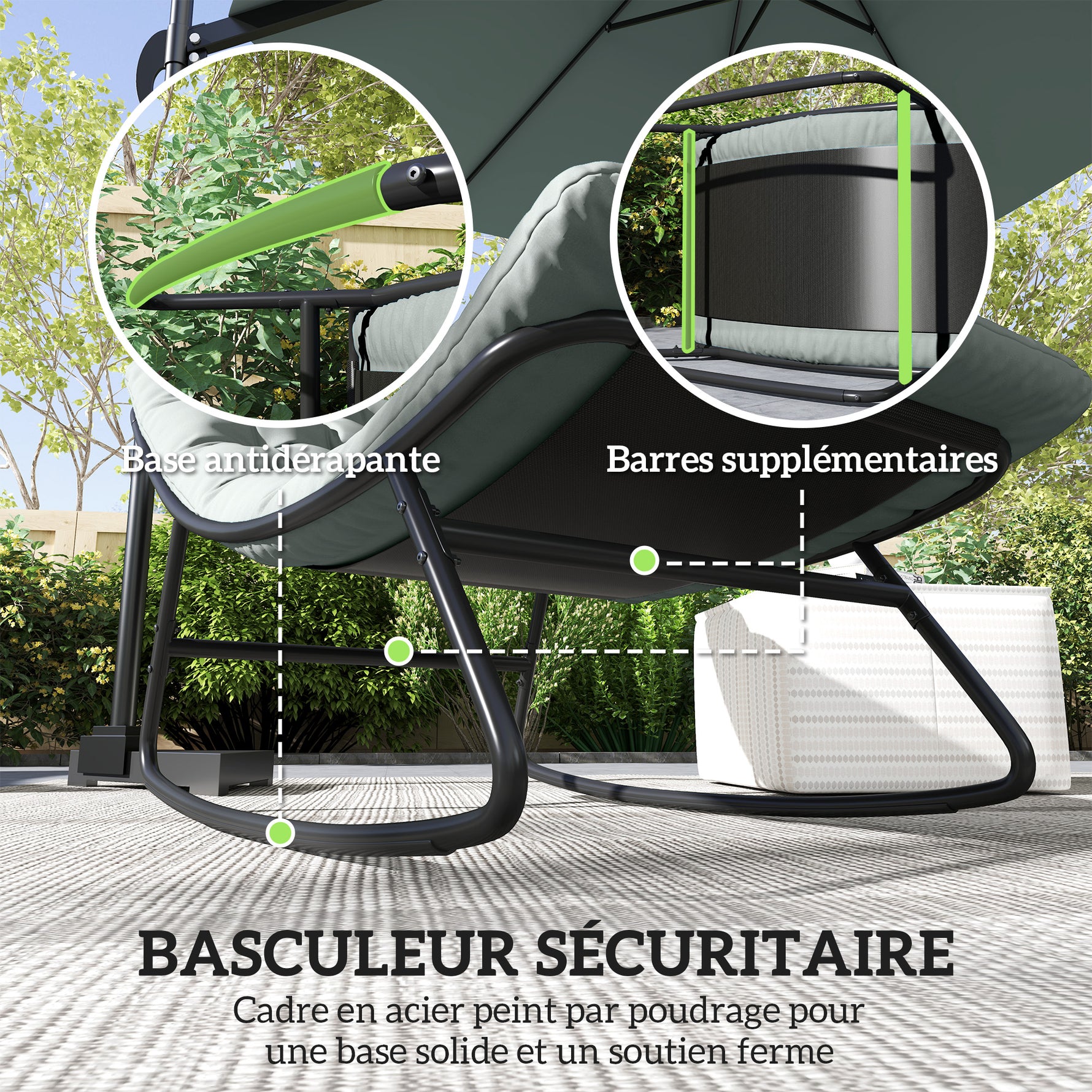 Lot de 2 fauteuils à bascule extérieur avec coussins épais, siège tissu textilène respirant et cadre en acier, gris