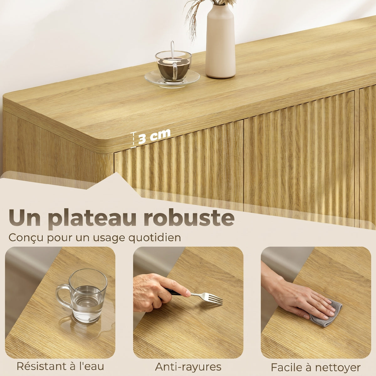 Buffet salon, meuble de rangement avec 4 portes rainurées, étagère réglable, ouverture par pression, 147x40x77cm, chêne