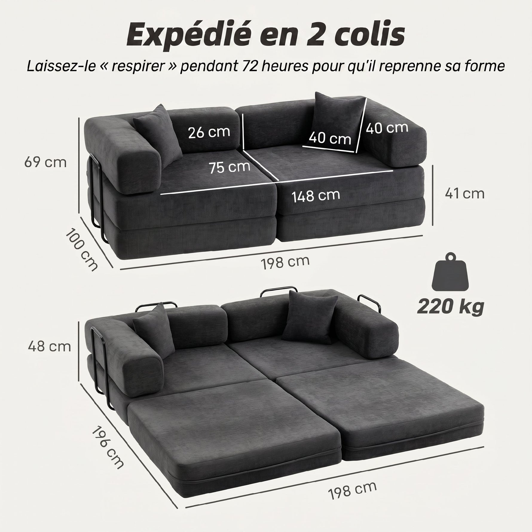 Canapé Convertible 2 Places, Canapé-Lit en Chenille 198 cm, Assise et Accoudoirs Larges, 2 Coussins, Gris Foncé