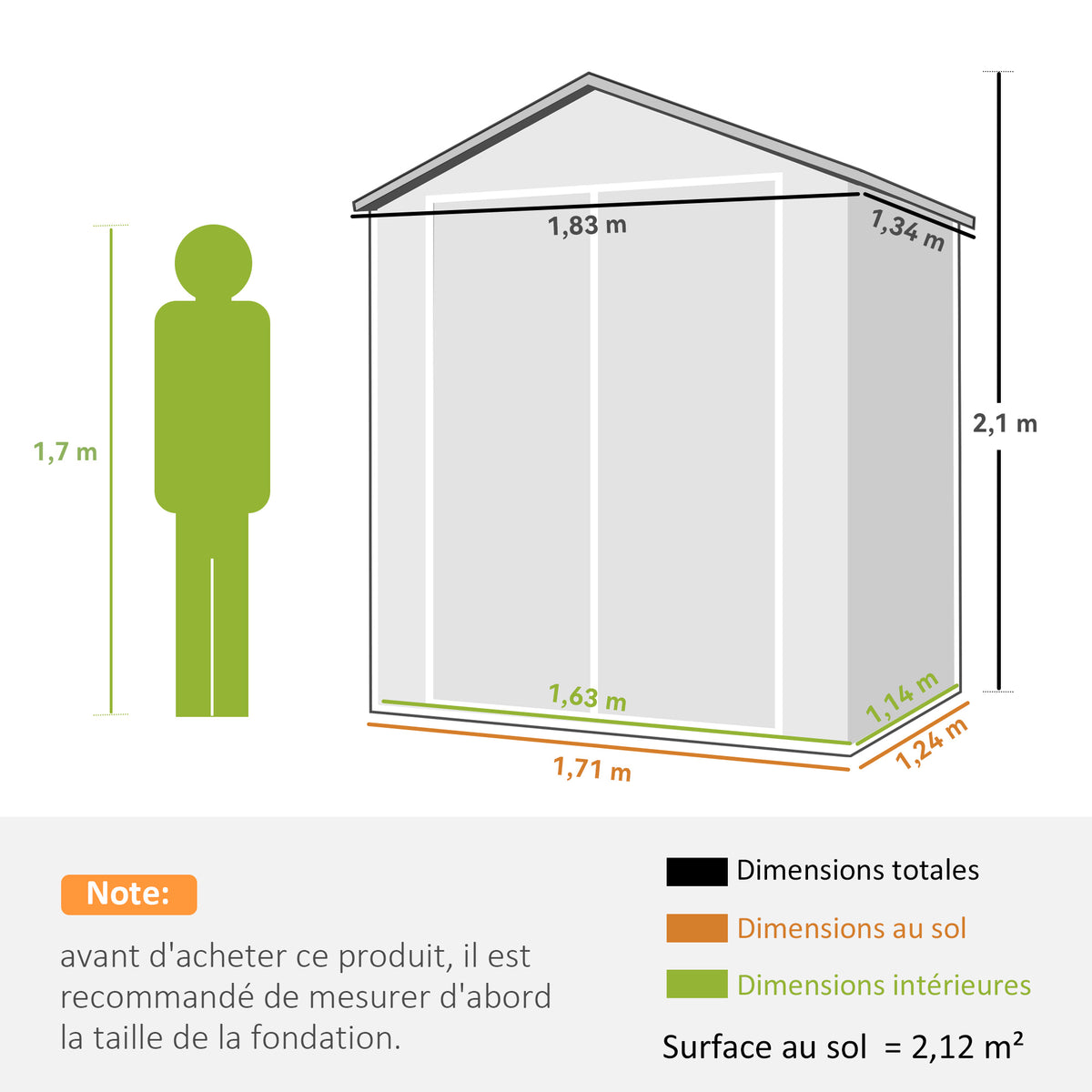 Abri de jardin cabanon en résine polypropylène 2,12 m² - 2 portes 1 fenêtre et 1 grille d'aération, toit à pignon, gris