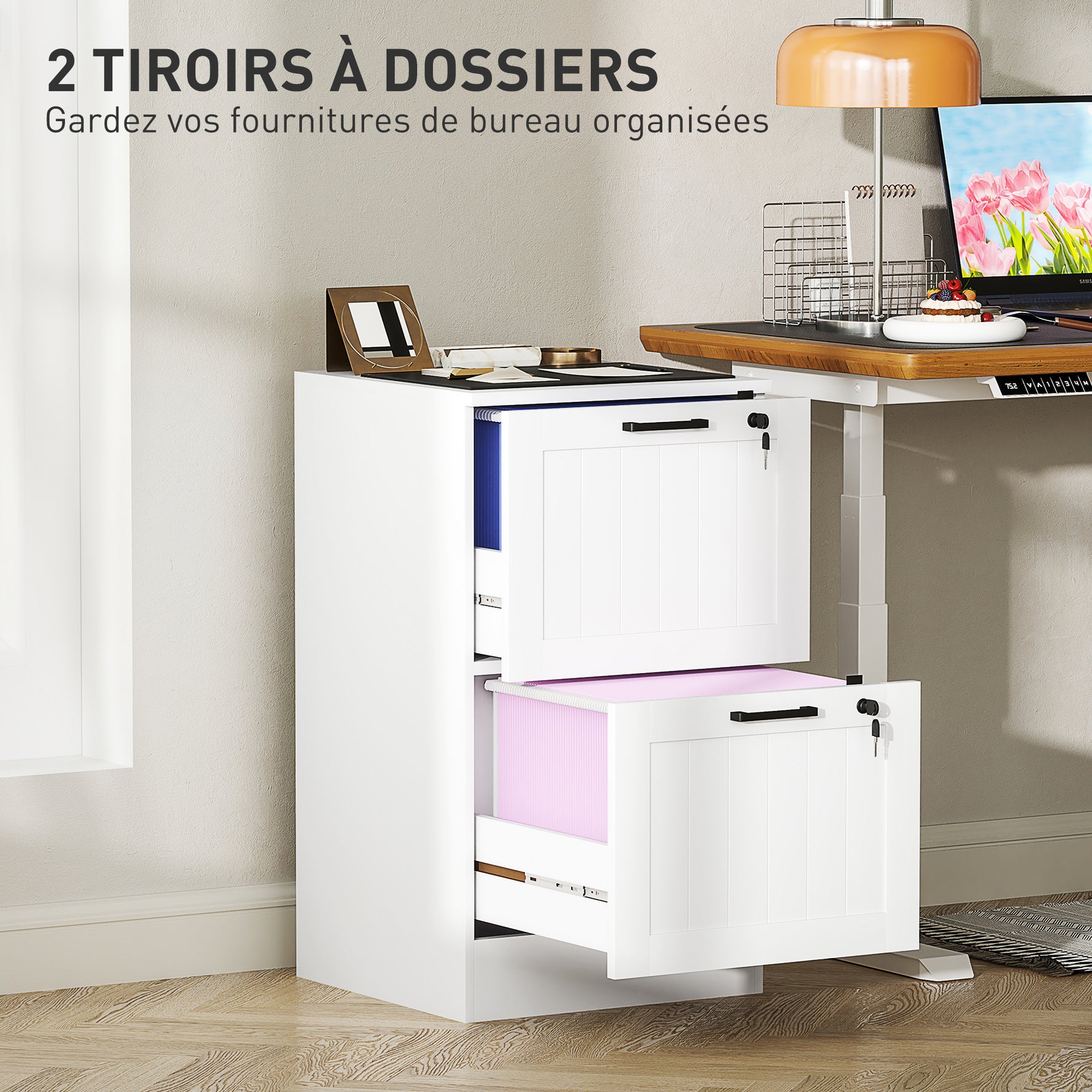 Caisson bureau, meuble rangement bois 2 tiroirs et serrure, barres de suspension réglables, 40 x 40 x 71 cm, blanc