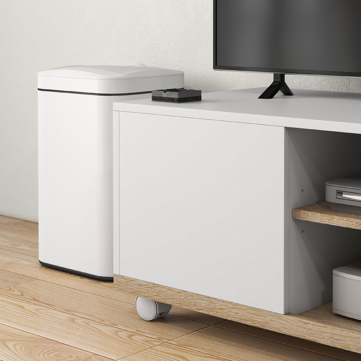 Meuble TV sur roulettes avec 2 Freins - 2 niches + Placard Porte 2 Passe-Fil - en bois Blanc chêne Clair