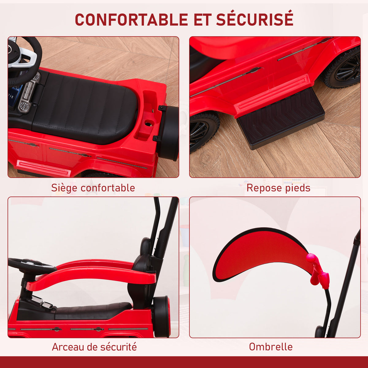 Porteur Enfants Voiture Enfant Multi-équipée 12-36 Mois klaxon Marche-Pieds, Garde-Corps et ombrelle Rouge