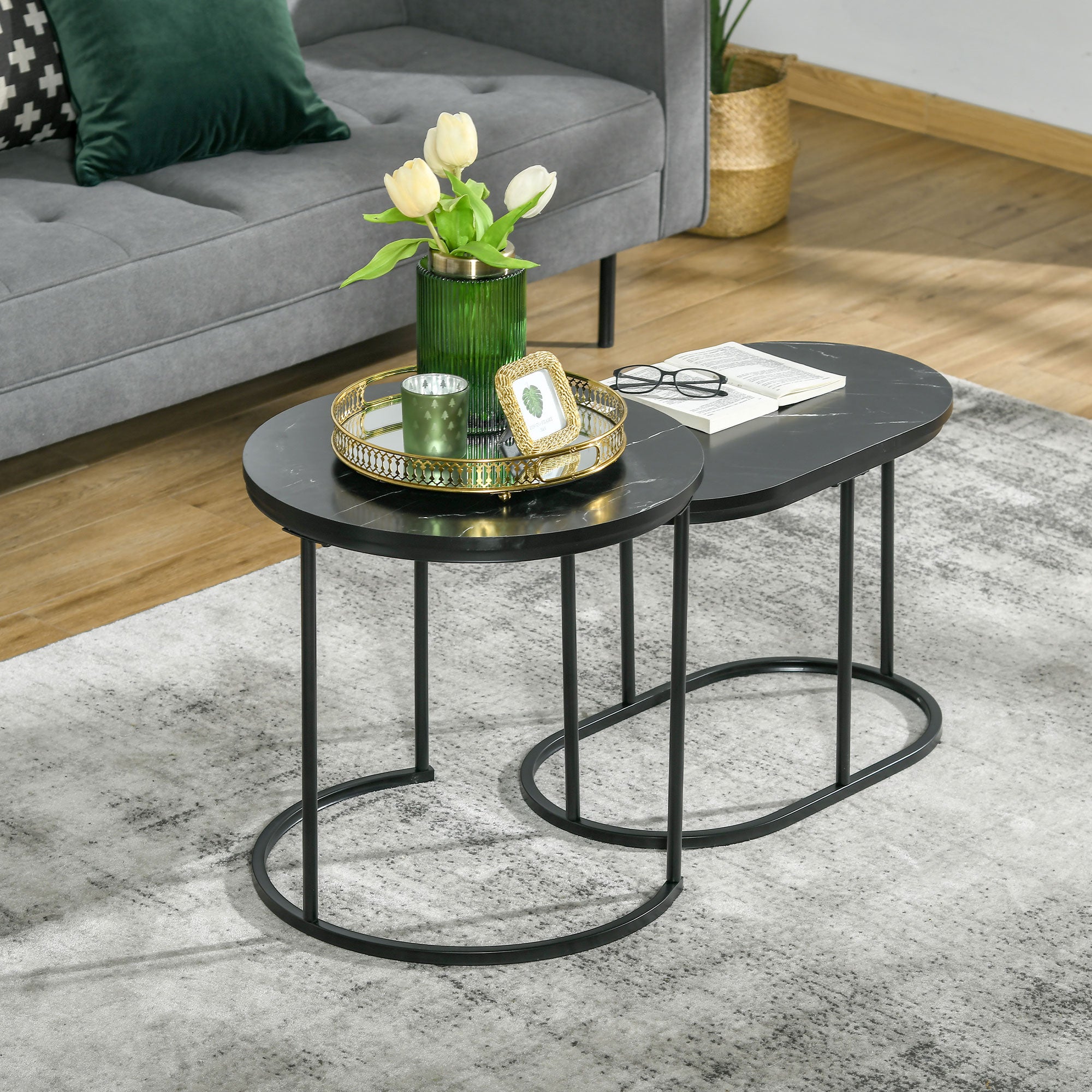 Lot de 2 tables basses tables d'appoint gigognes en acier et plateau MDF aspect marbre - table ronde et ovale - noir