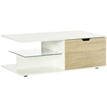 Table basse rectangulaire design contemporain 2 tiroirs 2 niches étagère verre trempé panneaux blanc aspect chêne clair