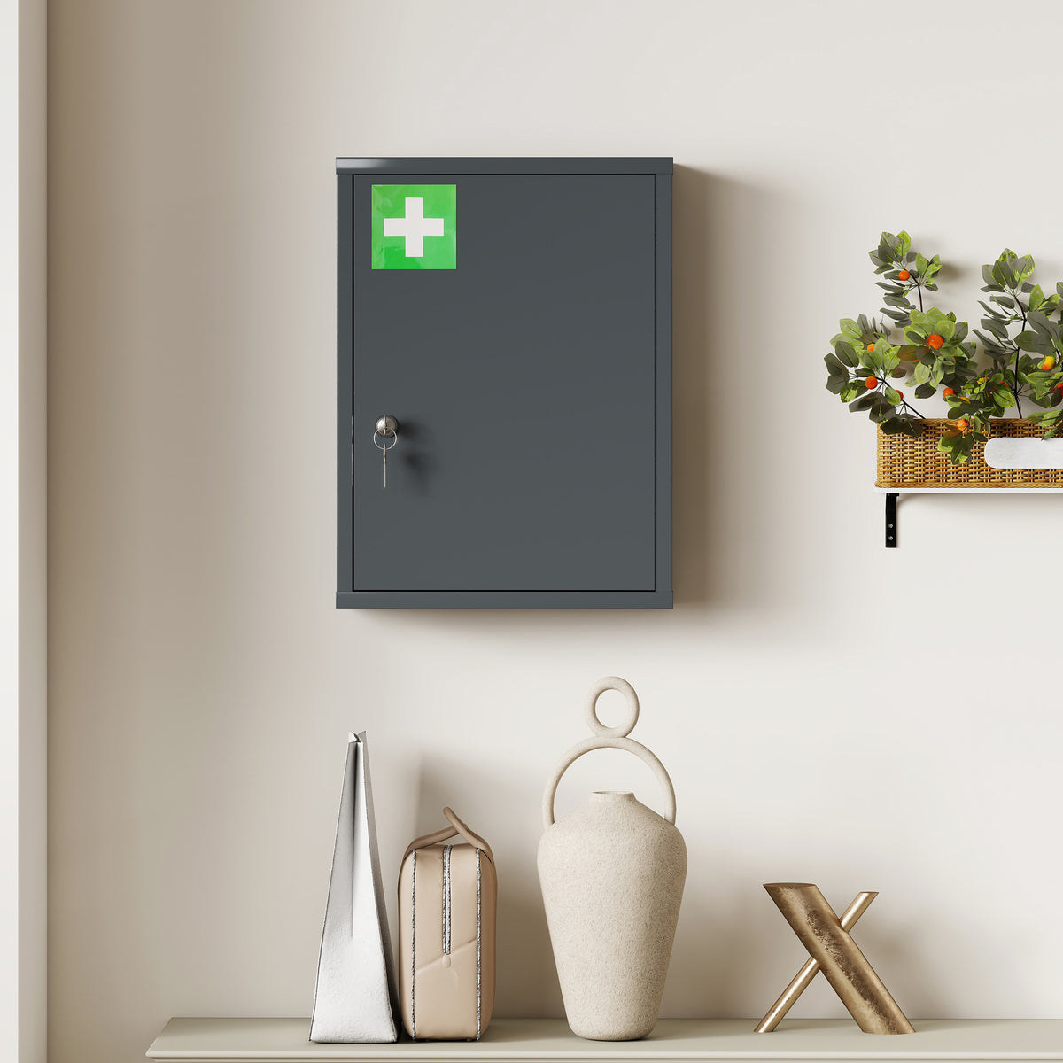 Armario botiquín de pared de acero, armario para medicamentos de 3 niveles con puerta con cerradura y 2 llaves, 40x15x53,5 cm, gris