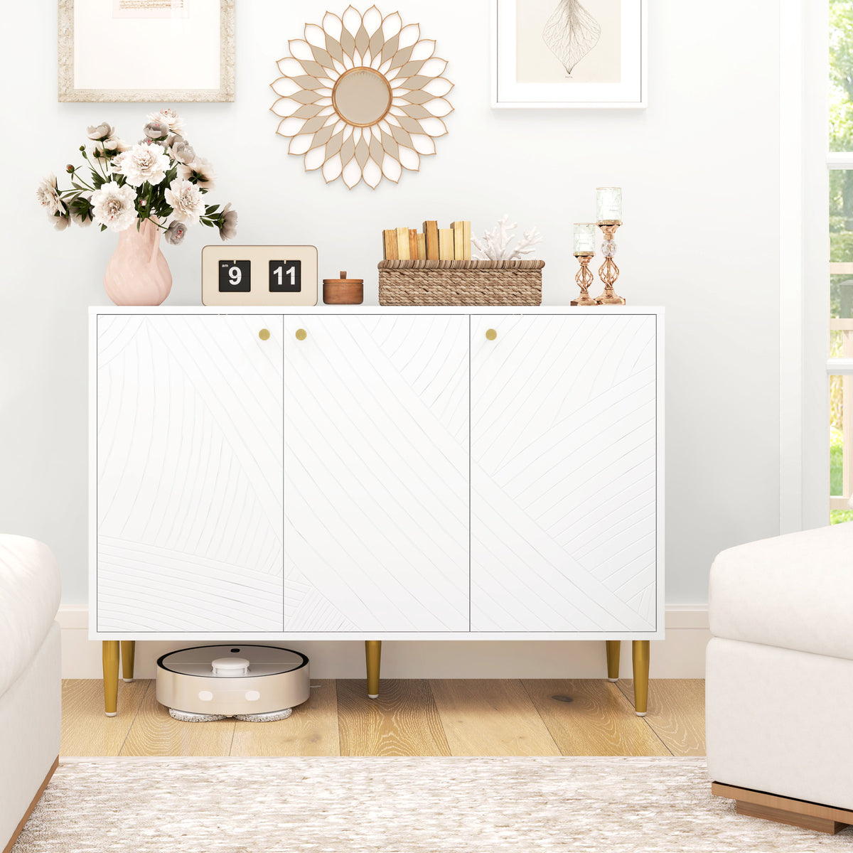Buffet meuble de rangement avec 2 placard 3 portes étagères ajustables pieds dorés en acier 107 x 35 x 77 cm blanc