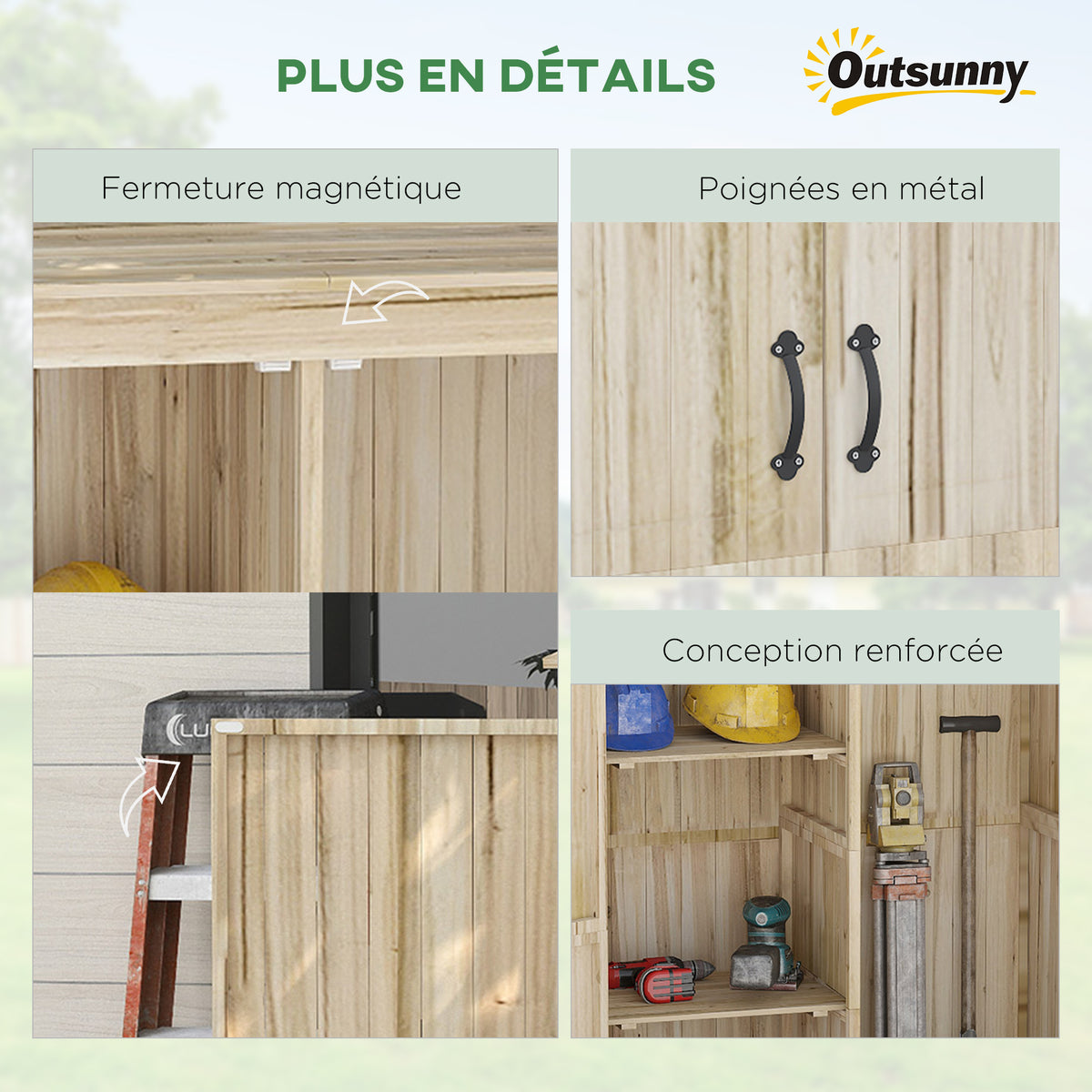Armadio da giardino, armadio ripostiglio in legno, 2 ripiani, 2 ante, tetto inclinato, 120 x 57 x 183 cm, legno naturale