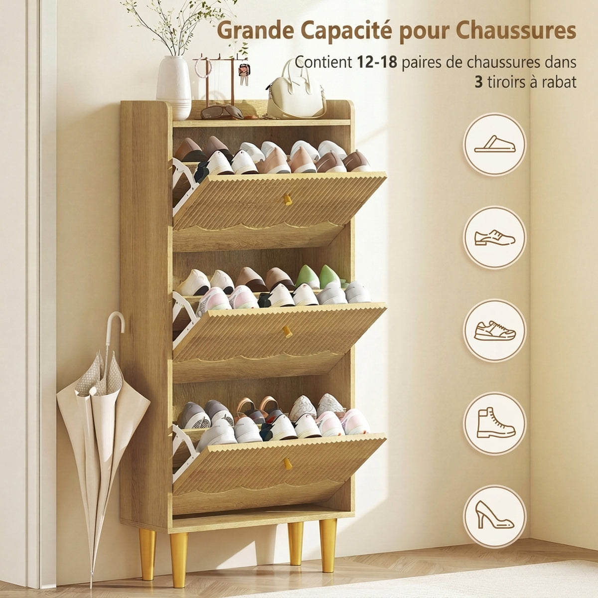 Meuble à chaussures 18 paires, armoire à chaussures étroite, 3 tiroirs rabattables étagères réglables, 60x24x128cm, chêne