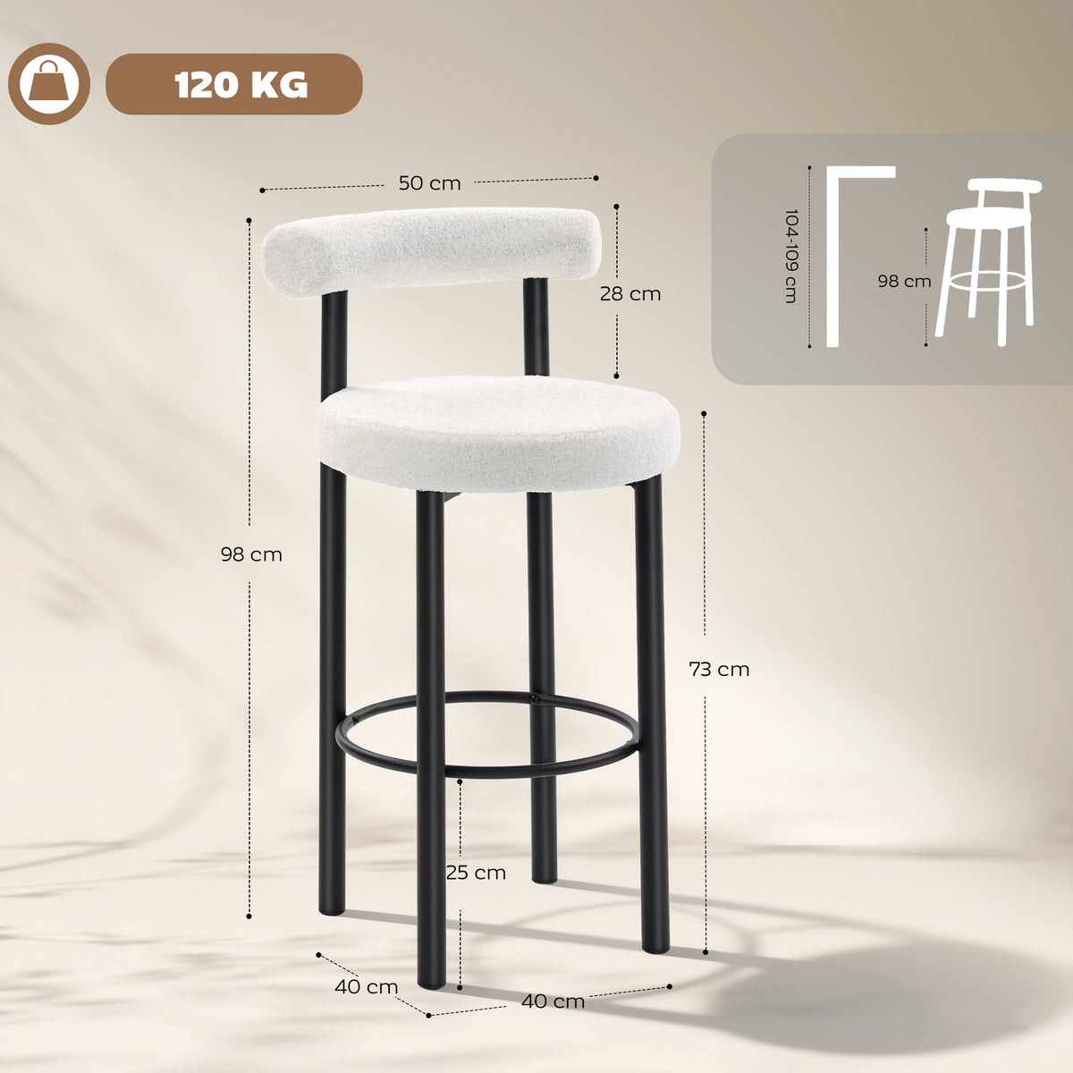 Lot de 2 tabourets de bar, chaises de bar en tissu bouclette avec dossier incurvé, repose-pieds, 50x52,5x98cm, blanc