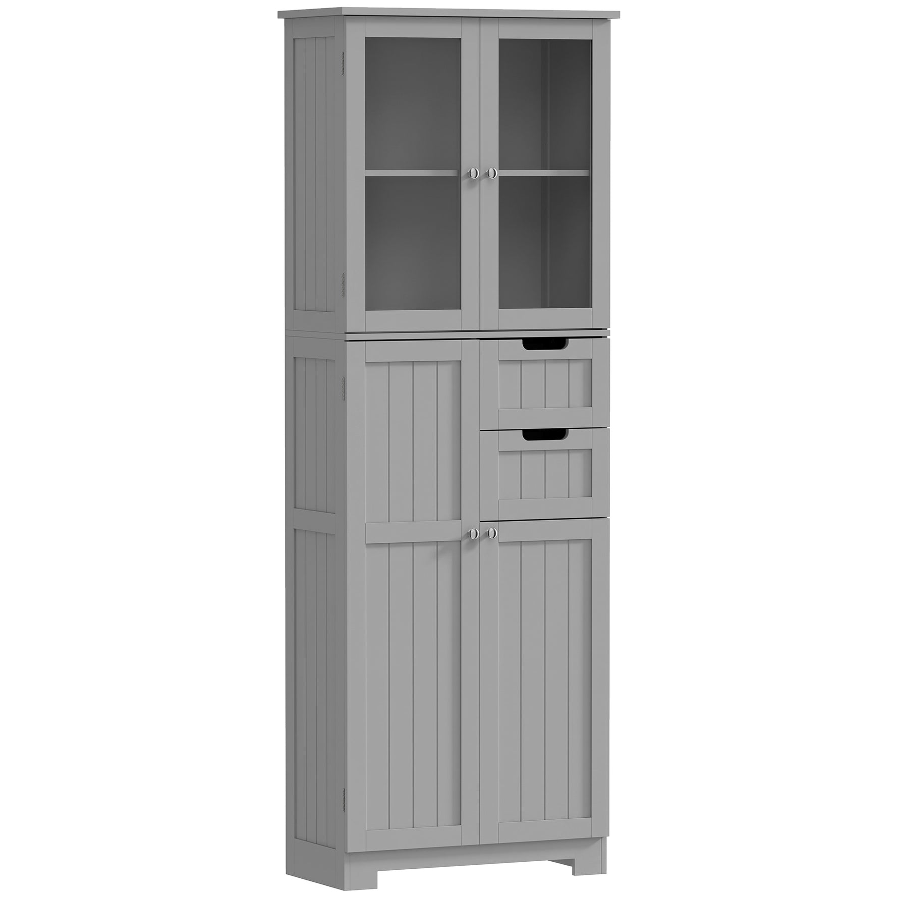 Meuble de salle de bain haut, meuble de rangement avec 4 portes dont 2 vitrées, 2 tiroirs et étagères réglables, gris