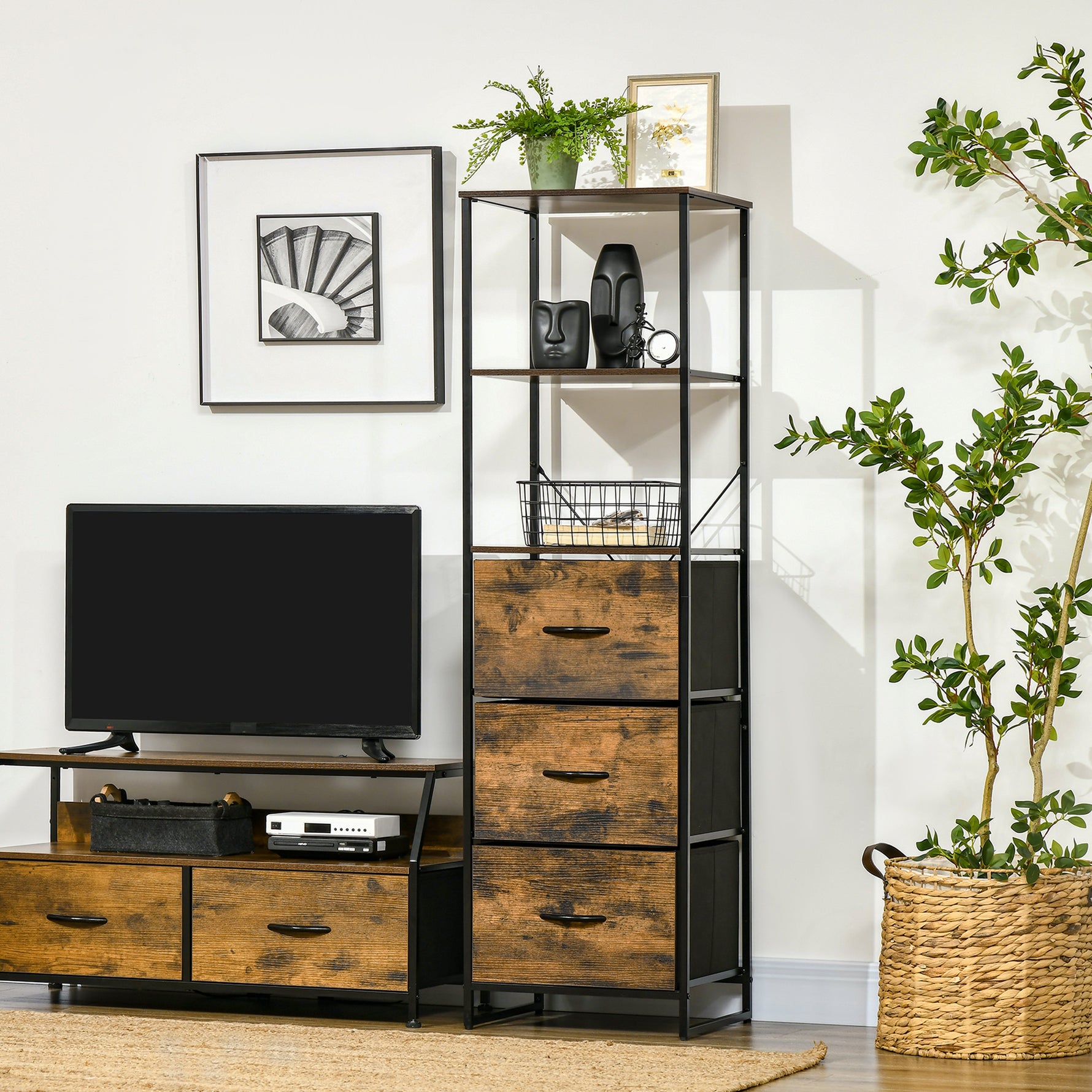 Meuble de rangement avec étagères et 3 tiroirs en tissu pliables amovibles, style industriel, dim. 44L x 40l x 155H cm