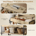 Table basse avec plateau relevable, table de salon avec compartiment caché et étagère ouverte, 95x40x59cm, bois naturel