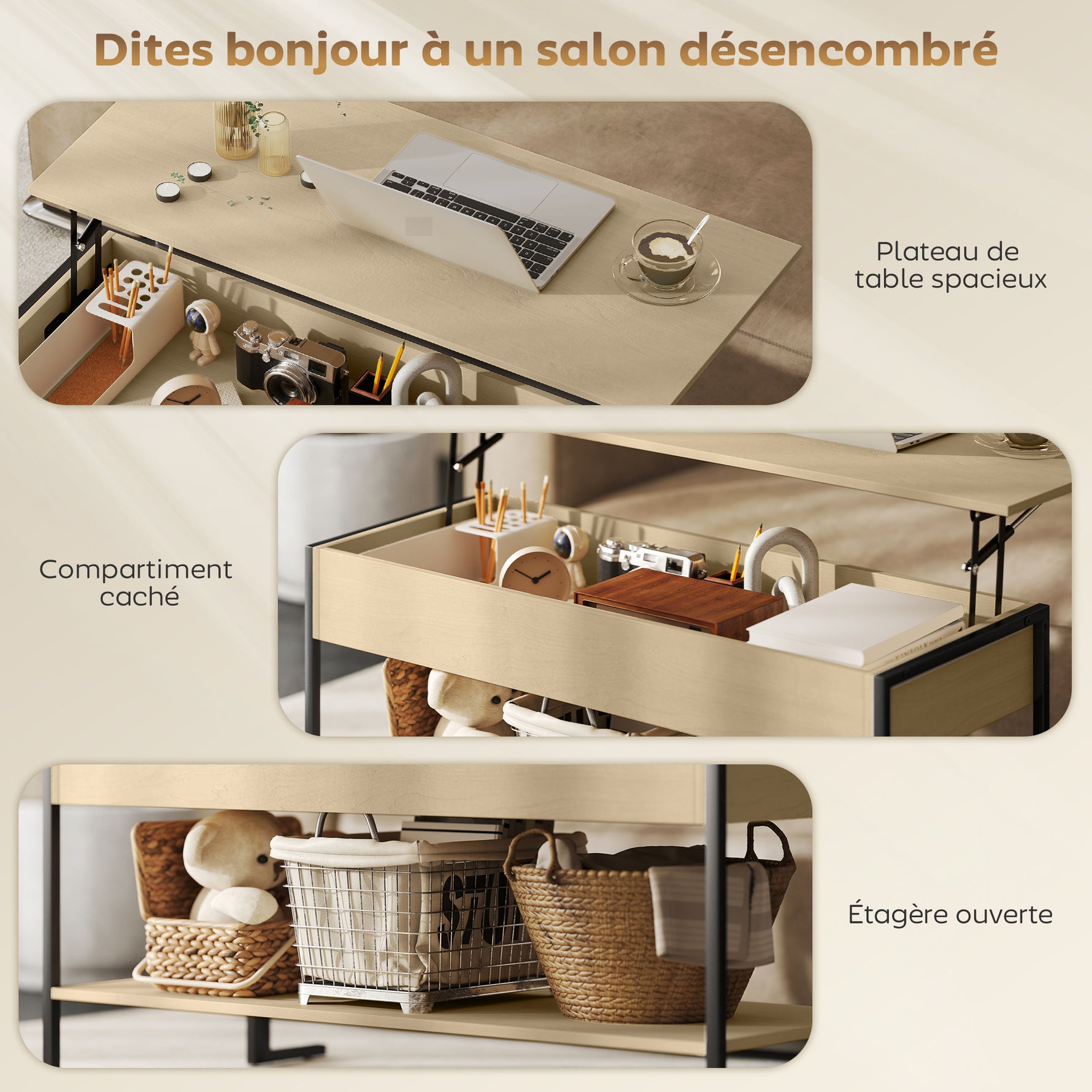 Table basse avec plateau relevable, table de salon avec compartiment caché et étagère ouverte, 95x40x59cm, bois naturel